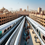 **

A futuristic cityscape in Pakistan, showcasing a sleek, elevated Hyperloop tube running above traditional buildings. Include modern train stations and bustling markets below, emphasizing speed and regional connectivity. Show a mix of traditional Pakistani clothing and modern business attire on people.

**