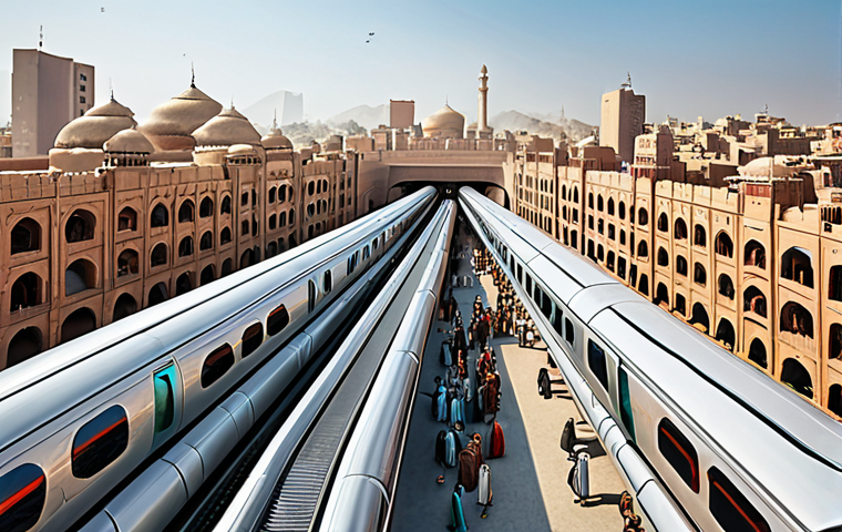 **
A futuristic cityscape in Pakistan, showcasing a sleek, elevated Hyperloop tube running above traditional buildings. Include modern train stations and bustling markets below, emphasizing speed and regional connectivity. Show a mix of traditional Pakistani clothing and modern business attire on people.
**