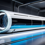 A sleek, futuristic Hyperloop capsule, designed with cutting-edge technology, seen rushing through a luminous, transparent vacuum tube. The interior of the tube shows subtle digital overlays representing real-time data streams and AI-driven system monitoring. The design emphasizes speed, efficiency, and advanced engineering, with clean lines and a polished metallic finish. The surrounding environment is pristine and high-tech, showcasing a visionary transportation network. This image is safe for work, appropriate content, fully clothed, professional, perfect anatomy, correct proportions, natural pose, well-formed hands, proper finger count, natural body proportions, professional photography, high quality.