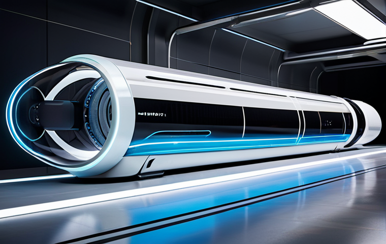 A sleek, futuristic Hyperloop capsule, designed with cutting-edge technology, seen rushing through a luminous, transparent vacuum tube. The interior of the tube shows subtle digital overlays representing real-time data streams and AI-driven system monitoring. The design emphasizes speed, efficiency, and advanced engineering, with clean lines and a polished metallic finish. The surrounding environment is pristine and high-tech, showcasing a visionary transportation network. This image is safe for work, appropriate content, fully clothed, professional, perfect anatomy, correct proportions, natural pose, well-formed hands, proper finger count, natural body proportions, professional photography, high quality.