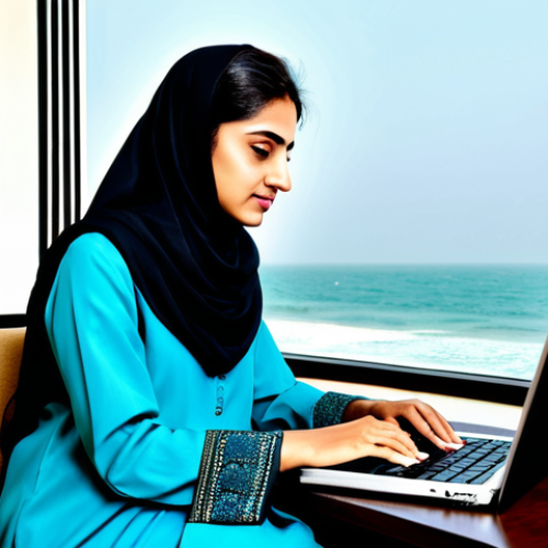 Home 20 **
"A professional Pakistani woman in a stylish Shalwar Kameez, working on a laptop in a modern Karachi office. Background includes the Arabian Sea. Fully clothed, modest, professional attire, safe for work, perfect anatomy, natural proportions, high quality."
**