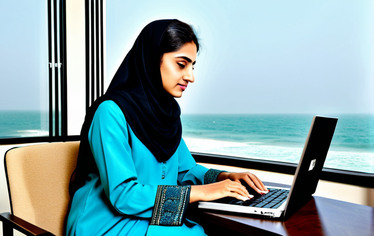 **

"A professional Pakistani woman in a stylish Shalwar Kameez, working on a laptop in a modern Karachi office. Background includes the Arabian Sea. Fully clothed, modest, professional attire, safe for work, perfect anatomy, natural proportions, high quality."

**