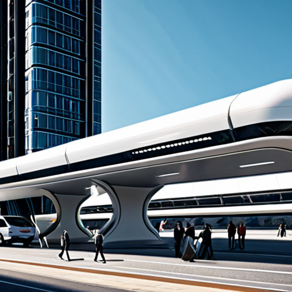 Prompt 1: A futuristic cityscape with a Hyperloop station, showcasing sleek, modern architecture, fully clothed pedestrians in professional attire, safe for work, appropriate content, perfect anatomy, natural proportions, professional, high-quality rendering.