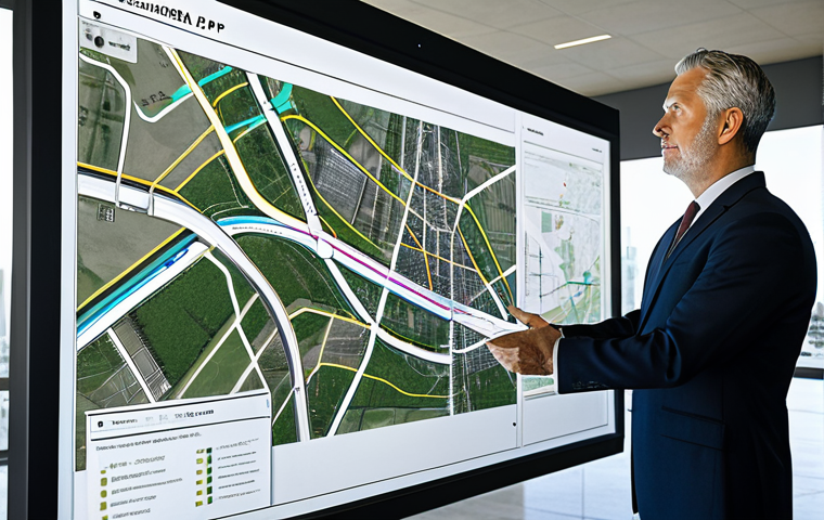 "A local government official, fully clothed in professional attire, reviewing hyperloop construction plans on a large screen displaying city maps, safe for work, appropriate content, professional, perfect anatomy, natural proportions, modern infrastructure in the background."