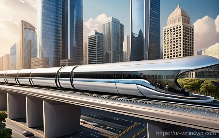 하이퍼루프 교통의 글로벌 도입 전망 - A breathtaking, futuristic interior of a Hyperloop pod. Passengers, including a diverse family (pare...