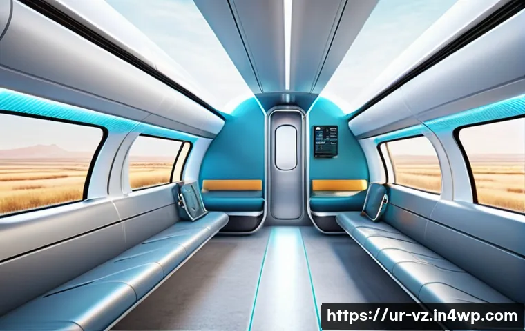 하이퍼루프 시스템의 고객 요구 분석 - A futuristic hyperloop train interior designed for comfort and safety, featuring smooth aerodynamic ...