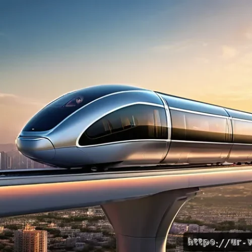 하이퍼루프와 여행 경험의 변화 - A futuristic Hyperloop transportation pod speeding through a sleek, elevated tube above a modern Pak...
