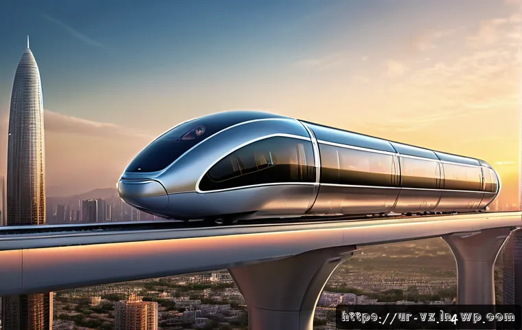 하이퍼루프와 여행 경험의 변화 - A futuristic Hyperloop transportation pod speeding through a sleek, elevated tube above a modern Pak...