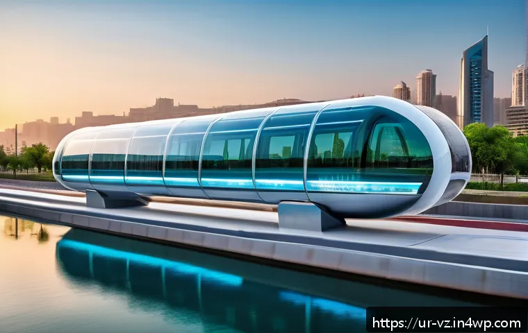 하이퍼루프를 통한 도시 간 이동의 변화 - A futuristic hyperloop pod traveling at high speed inside a sleek, transparent vacuum tube cutting t...