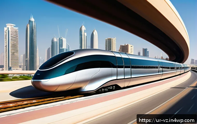 하이퍼루프 교통의 대규모 도입에 대한 전략 - A futuristic hyperloop train speeding through a sleek, elevated tube infrastructure above a sprawlin...