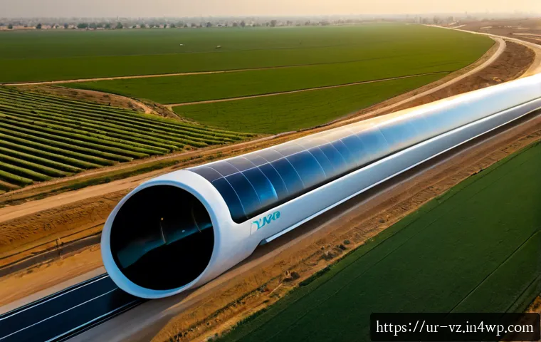 Home 17 하이퍼루프와 대체 에너지의 결합 가능성 - Photorealistic futuristic hyperloop capsule gliding through an elevated vacuum tube across the sunli...